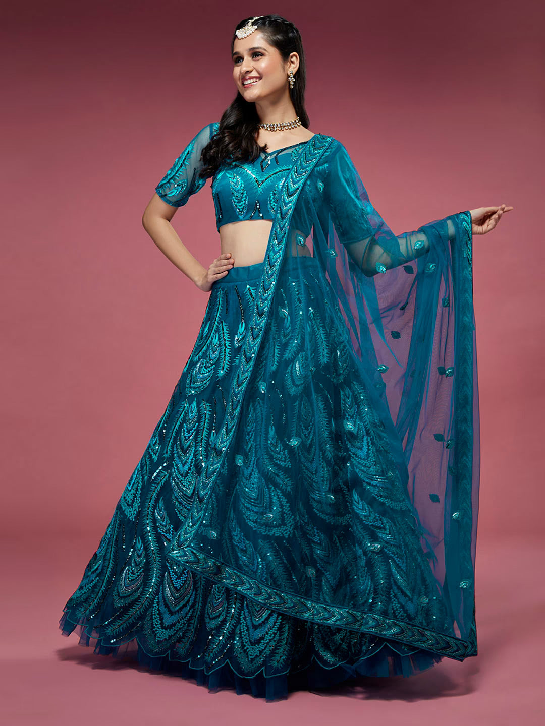 Teal Embroidered Sequinned Semi-Stitched Lehenga & Unstitched Blouse With Dupatta