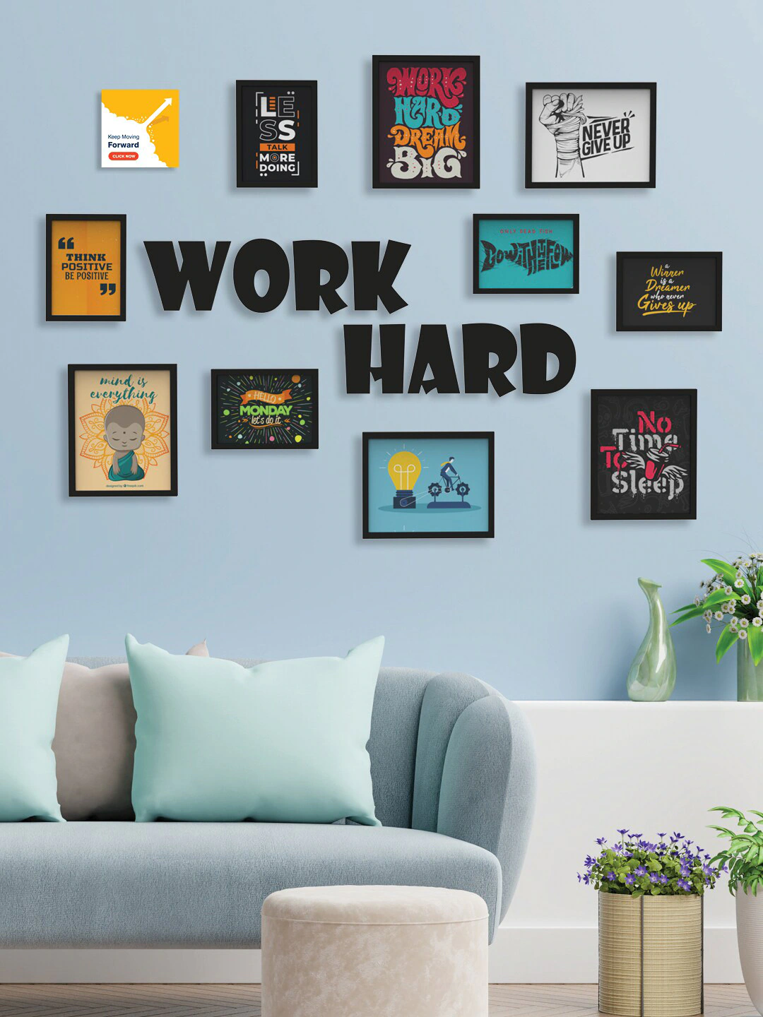 Black Set of 10 3D Collage Photo Frames With WORK HARD Plaque