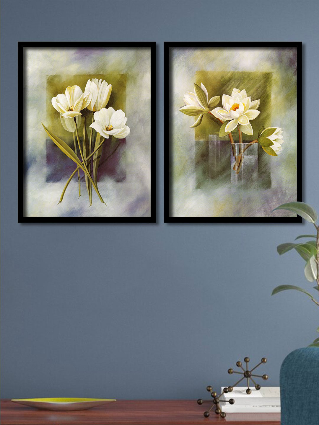 Set Of 2 White & Green Flower Pots Framed Canvas Wall Art