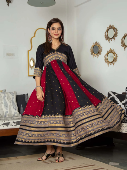 Black & Maroon Long Kalidaar Dress With Border Details