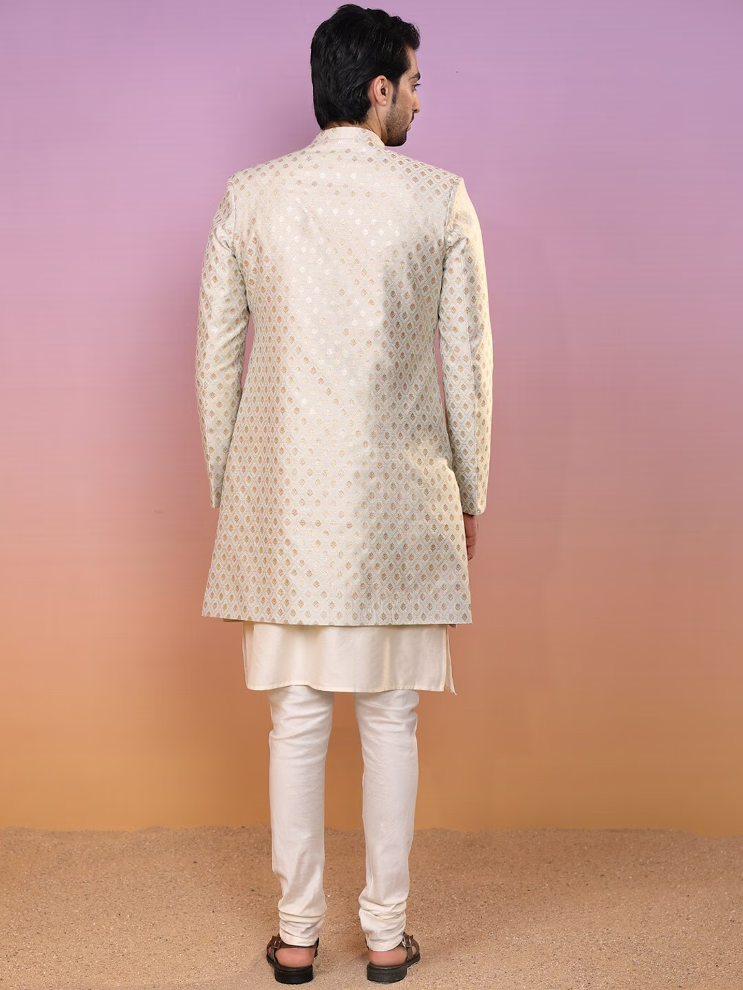 Ethnic Motifs Woven Design Mandarin Collar Sherwani Set
