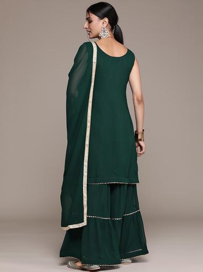 Women Green Ethnic Motifs Sequinned Kurta with Sharara & With Dupatta