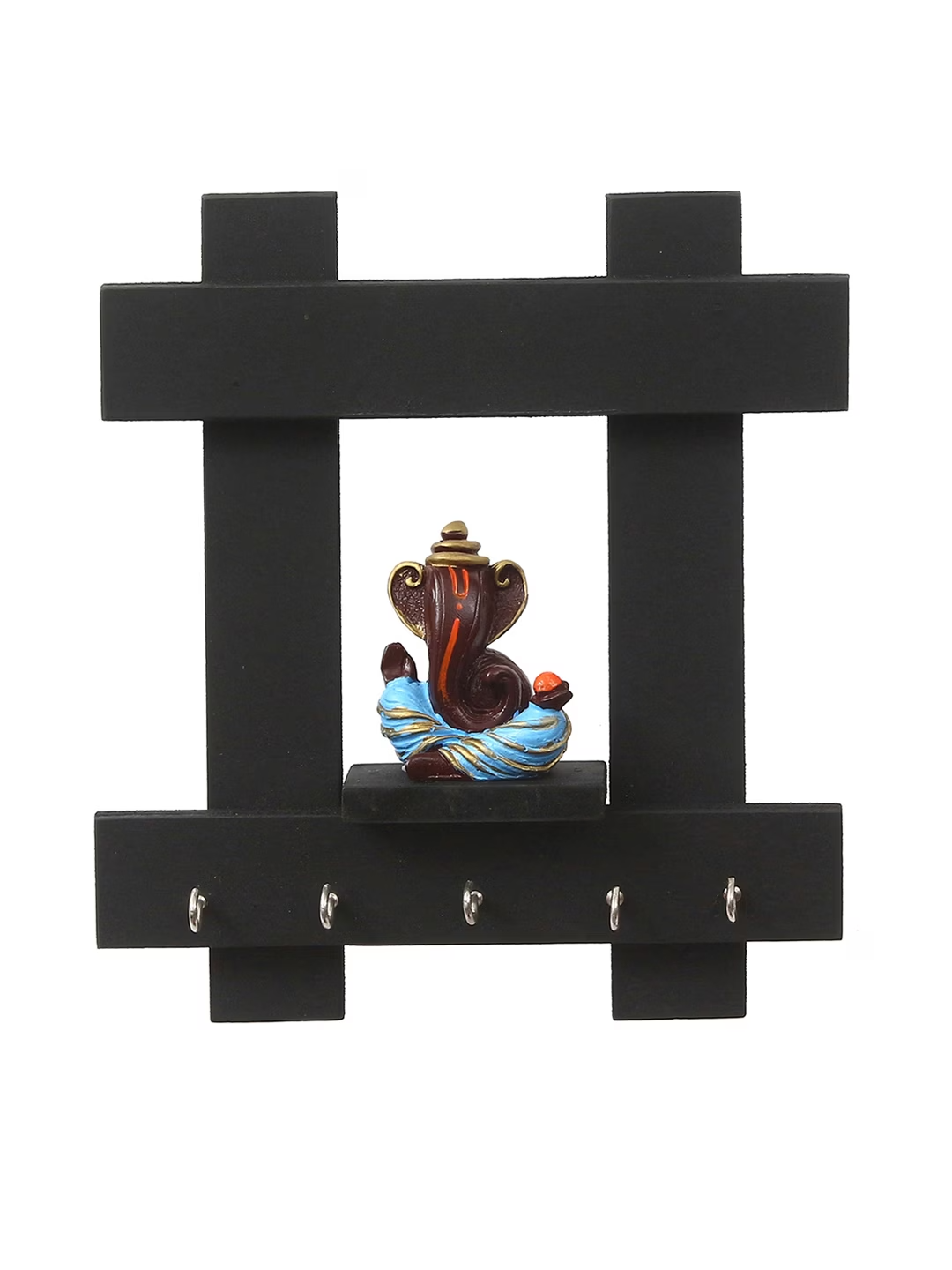 Black & Brown Lord Ganesha Wooden Key Holder With 5 Key Knobs