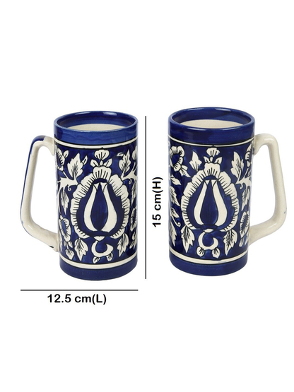 Set Of 2 Blue & Beige Printed Ceramic Glossy Coffee Mugs