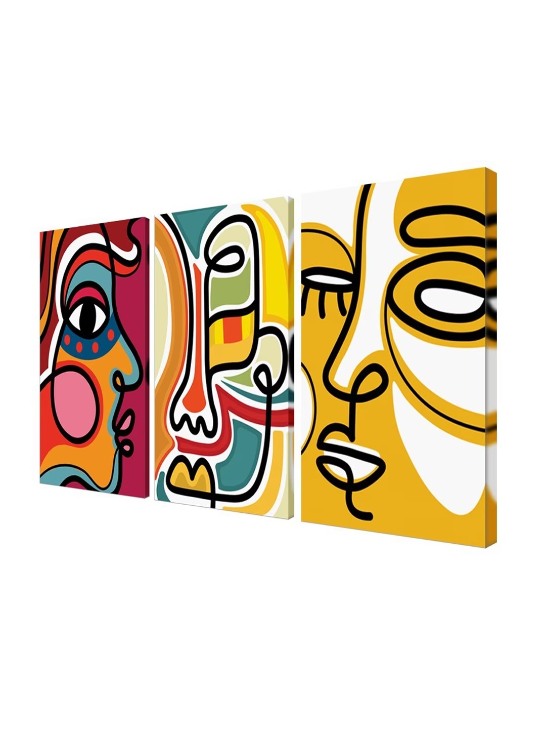 Set of 3 Multicoloured Abstract Face Canvas Painting Wall Art