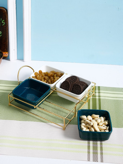 Set Of 4 Blue & White Solid Ceramic Handcrafted Bowls With Metal Stand