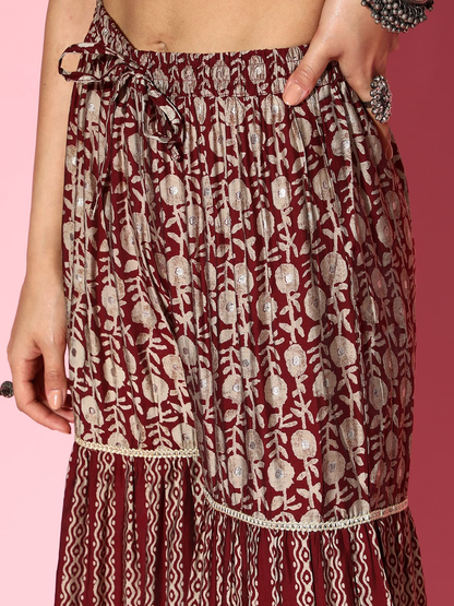 Maroon & Beige Foil Floral Print Panelled Tie-Ups A-Line Salwar Suit