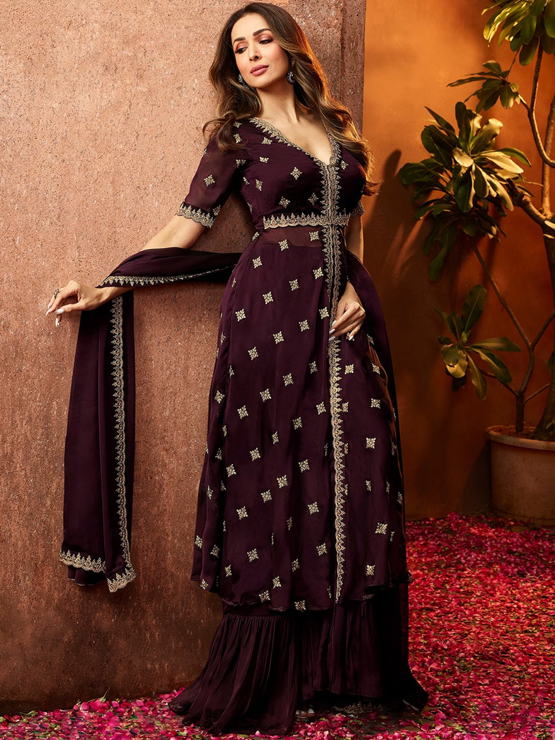 Women Mauve Ethnic Motifs Embroidered Sequinned