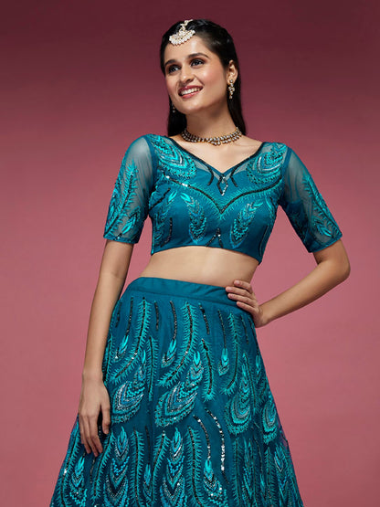 Teal Embroidered Sequinned Semi-Stitched Lehenga & Unstitched Blouse With Dupatta