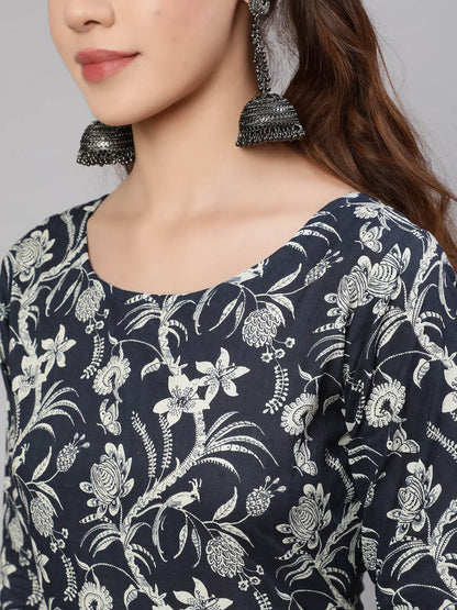 Navy Blue & White Floral Printed Pure Cotton Kurta With Trousers & Dupatta