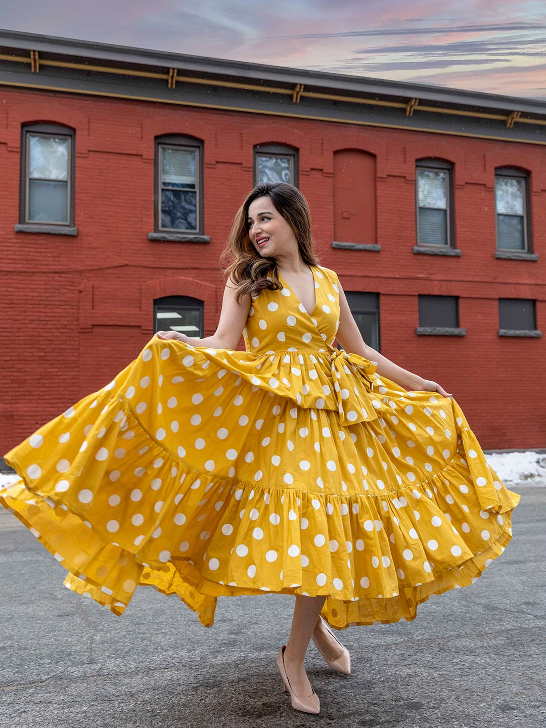 Mustard Yellow Polka Dots Printed Cotton Dress