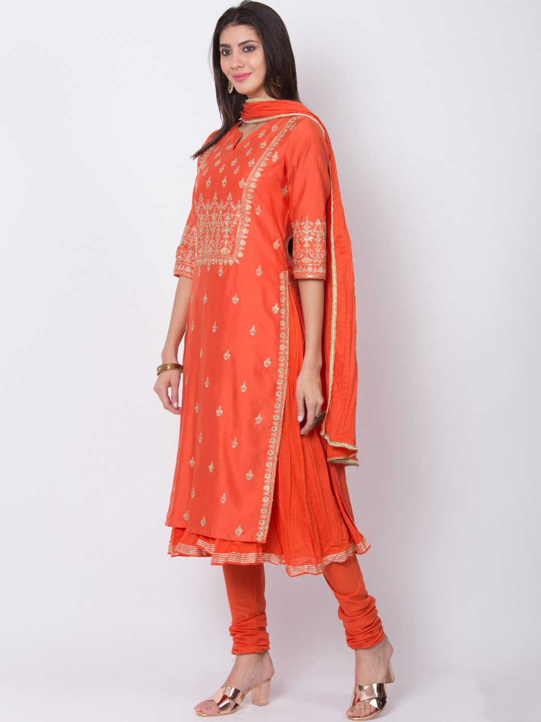 Women Orange Embroidered Layered Salwar Suit