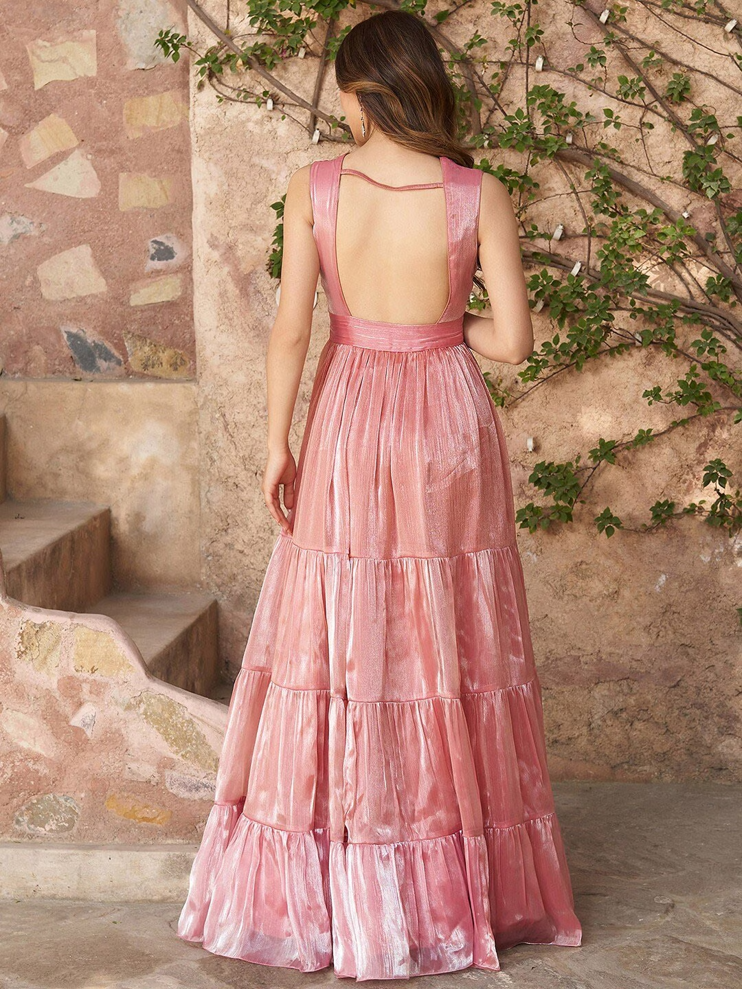 V-Neck Gathered Maxi Tired Ball Gown
