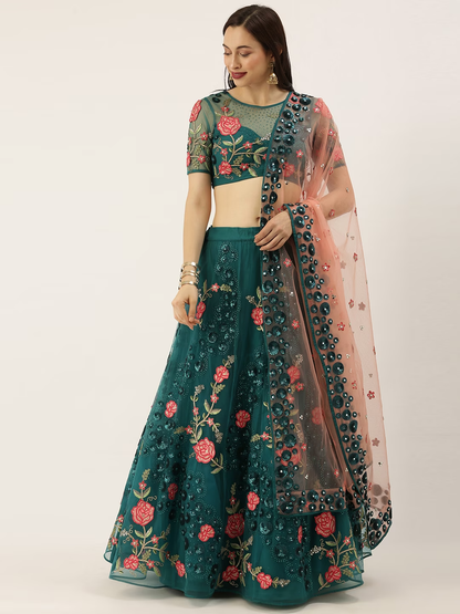 Embroidered Semi-Stitched Lehenga & Unstitched Blouse With Dupatta