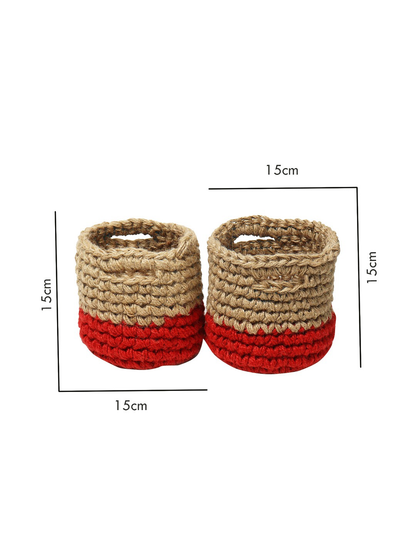 Red and Brown Set of 2 Color blocked Jute Crochet Baskets