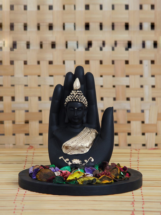Black & Gold-Toned Handcrafted Palm Buddha Showpiece With Fragrant Petals and Tealight