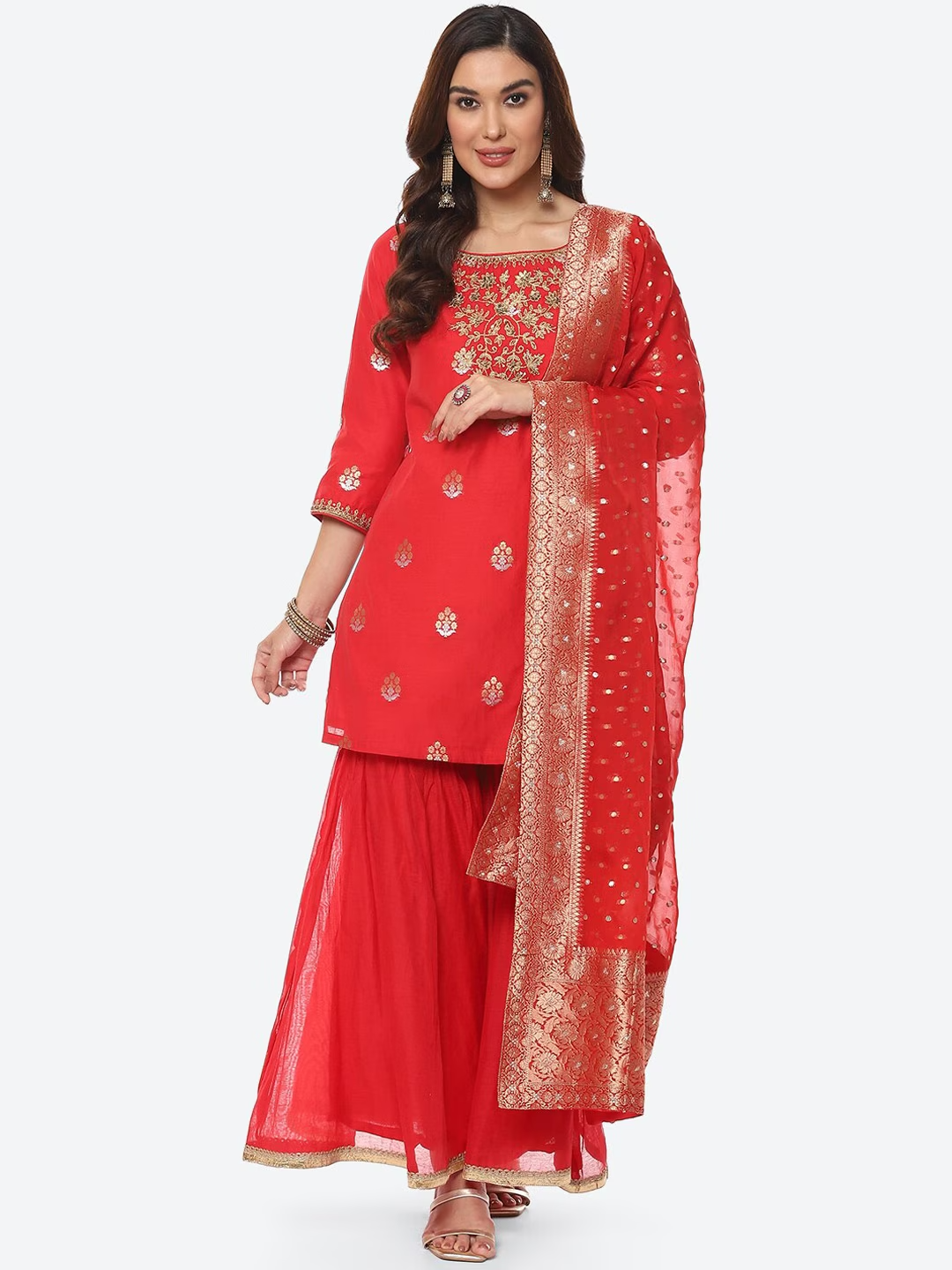 Women Red Floral Embroidered Kurta with Sharara & With Dupatta