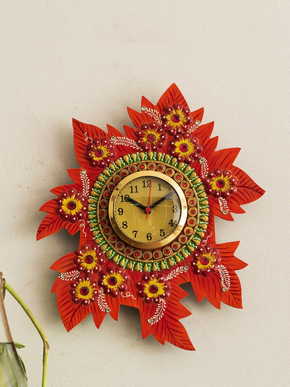 Multicoloured Handcrafted Floral Embellished Analogue Wall Clock