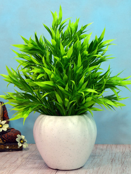 Green & White Artificial Bamboo Leaves In Apple Pot