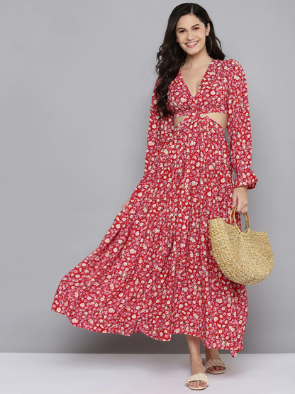 Red & Beige Floral Waist Cut-Out Maxi Dress