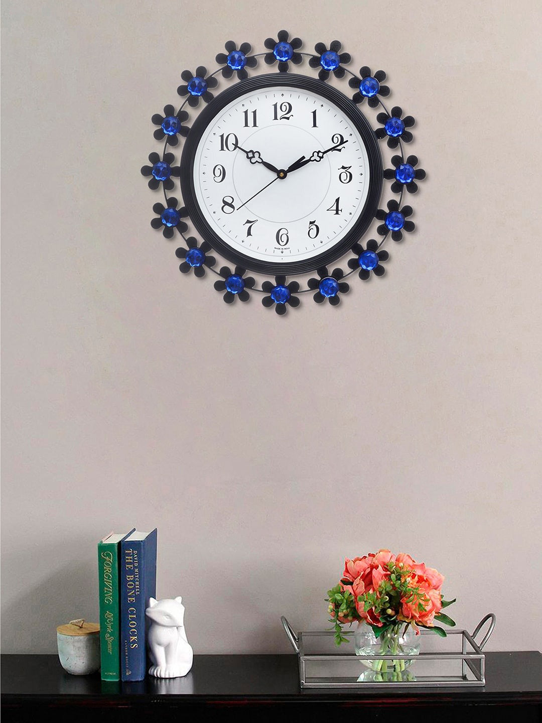 Blue & White Embellished Round Analogue Contemporary Wall Clock