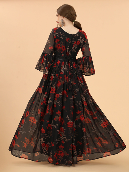 Women Black & Red Floral Fit And Flare Maxi Dress