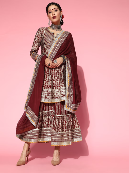 Maroon & Beige Foil Floral Print Panelled Tie-Ups A-Line Kurta Sharara & Dupatta