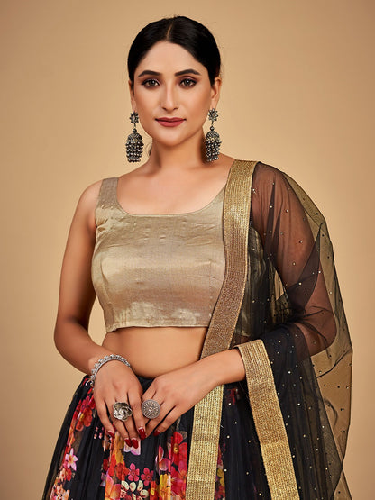 Black & Gold-Toned Semi-Stitched Lehenga & Unstitched Blouse With Dupatta