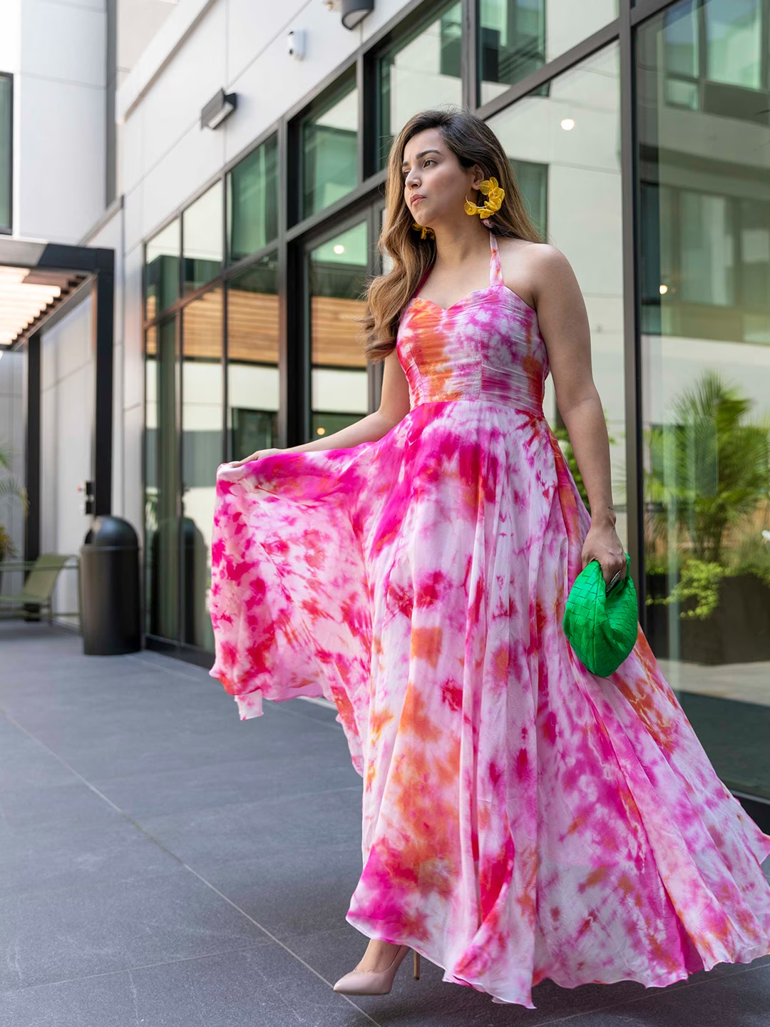 Pink & White Tie And Dye Dyed Halter Neck Maxi Dress