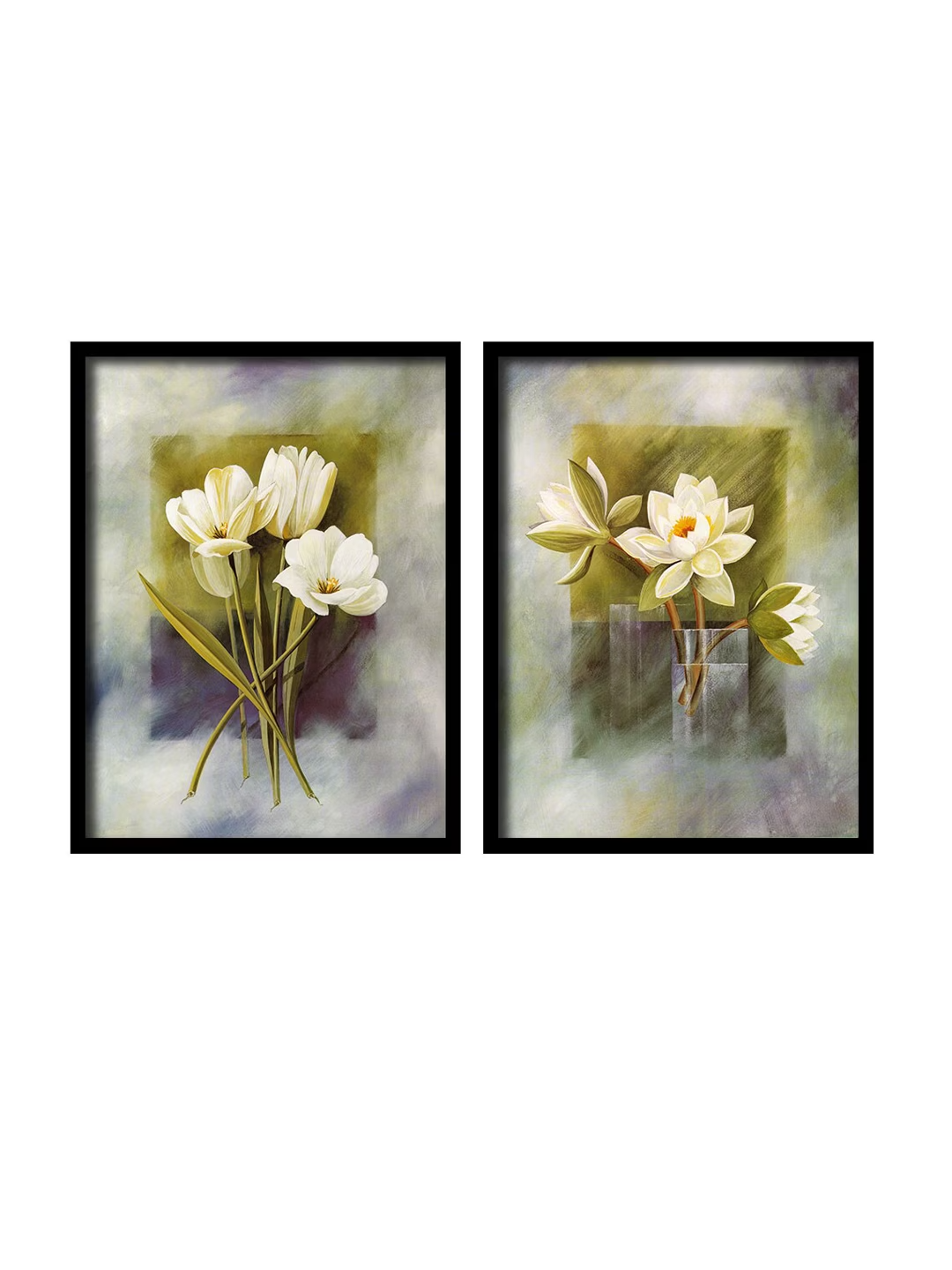 Set Of 2 White & Green Flower Pots Framed Canvas Wall Art