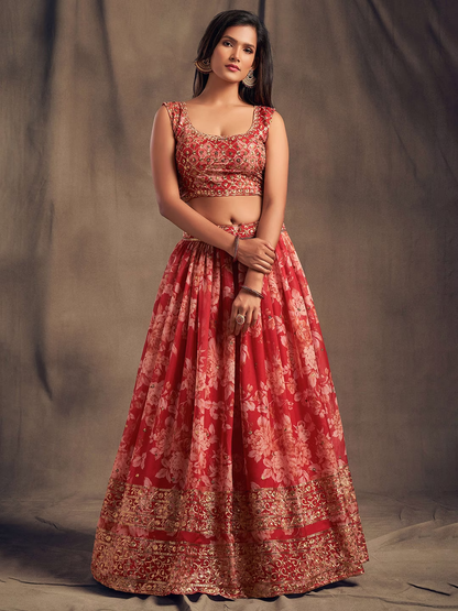 Red & Gold-Toned Embroidered Sequinned Shibori Semi-Stitched Lehenga & Unstitched Blouse