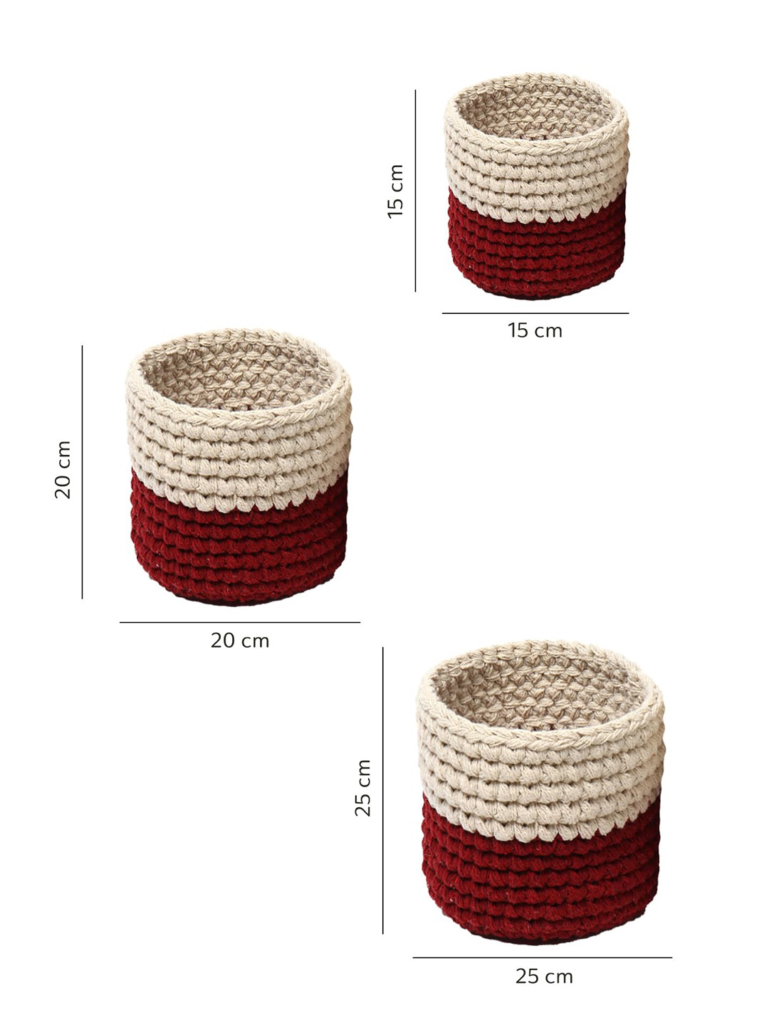Maroon and Cream Set of 3 Color blocked Jute Crochet Baskets