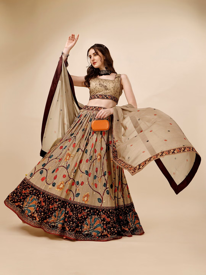 Printed Semi-Stitched Silk Lehenga & Unstitched Blouse With Dupatta