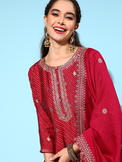 Yoke Design Zari Kurta with Trousers & With Dupatta