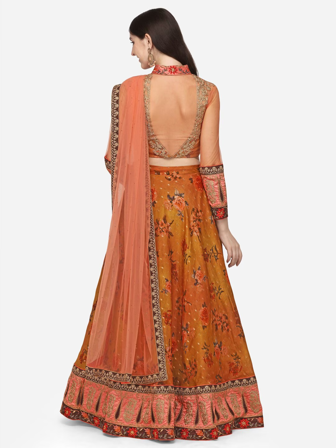 Mustard & Peach-Coloured Embroidered Ready to Wear Lehenga & Blouse With Dupatta