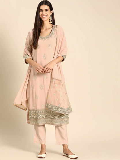 Women Pink Embroidered Regular Thread Work Kurta with Trousers & Dupatta