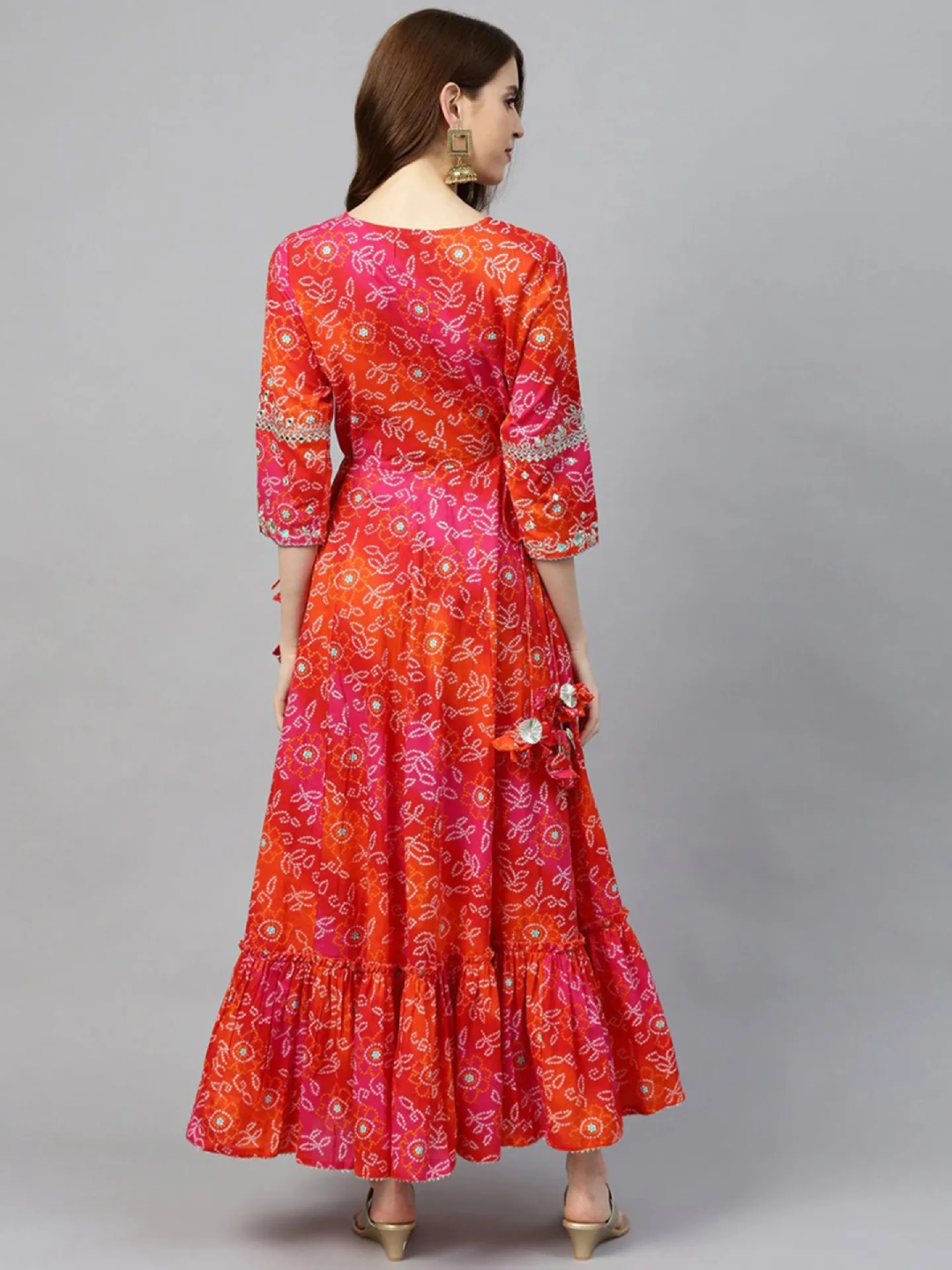 Women Red Bandhani Print Embellished Dress