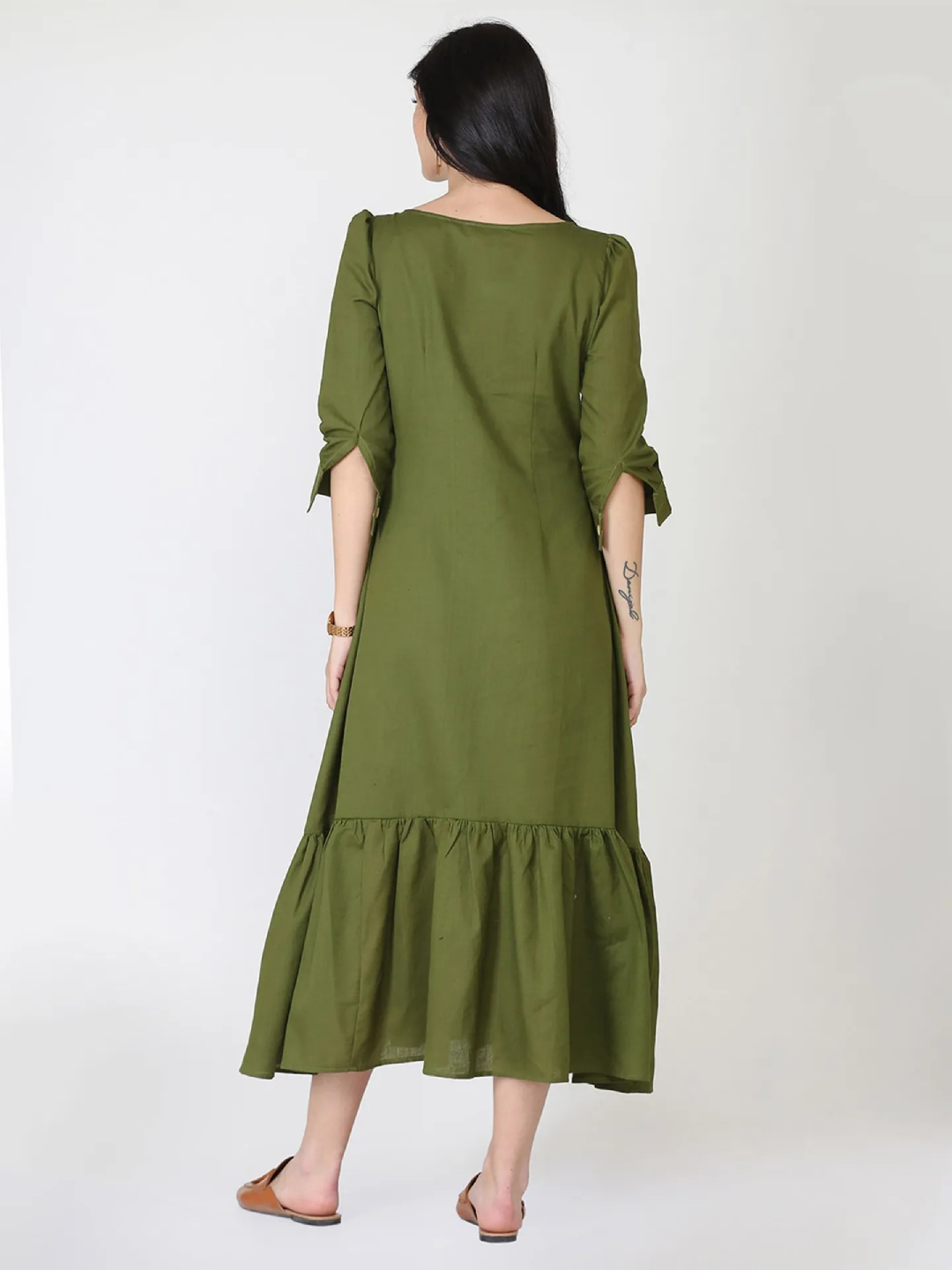 Cotton Linen Olive Front Open Pleated Hem Dress