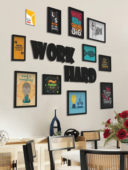 Black Set of 10 3D Collage Photo Frames With WORK HARD Plaque