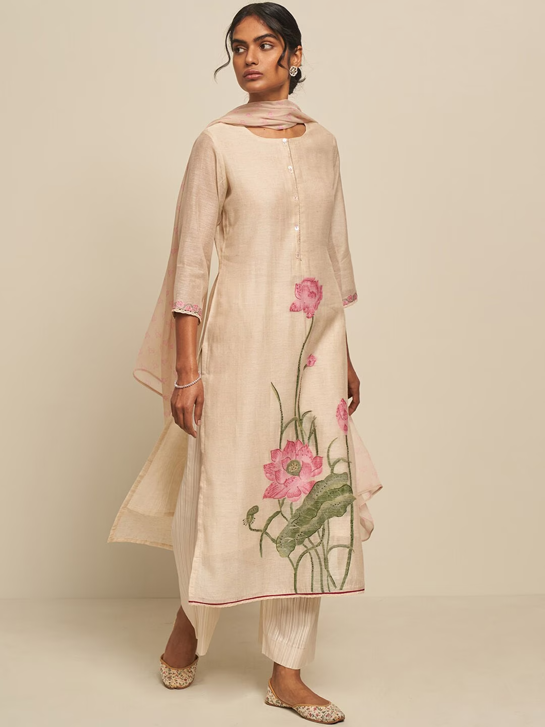 Floral Printed Linen Kurta with Palazzos & Dupatta