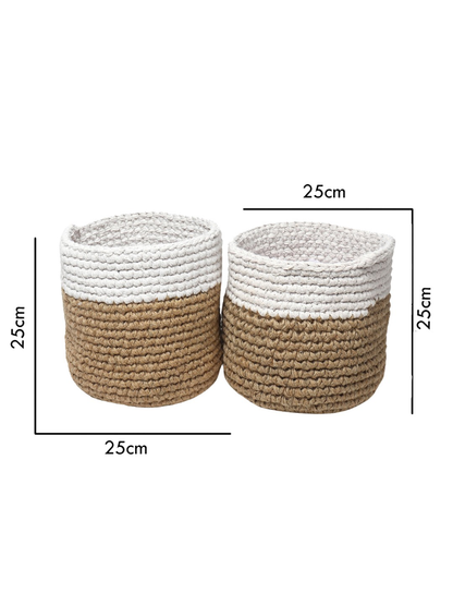 White and Brown Set of 2 Color blocked Jute Crochet Baskets