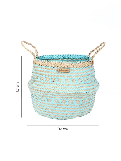 Blue & Beige Seagrass Belly Plant Large Storage Basket