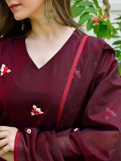 Floral Embroidered Pure Cotton Straight Kurta With Palazzos & Dupatta