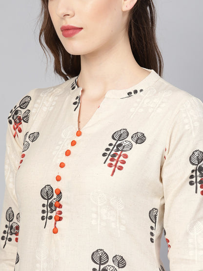 Women Beige Ethnic Print Straight Kurta Set With Side Pockets