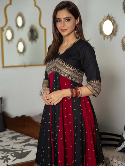 Black & Maroon Long Kalidaar Dress With Border Details