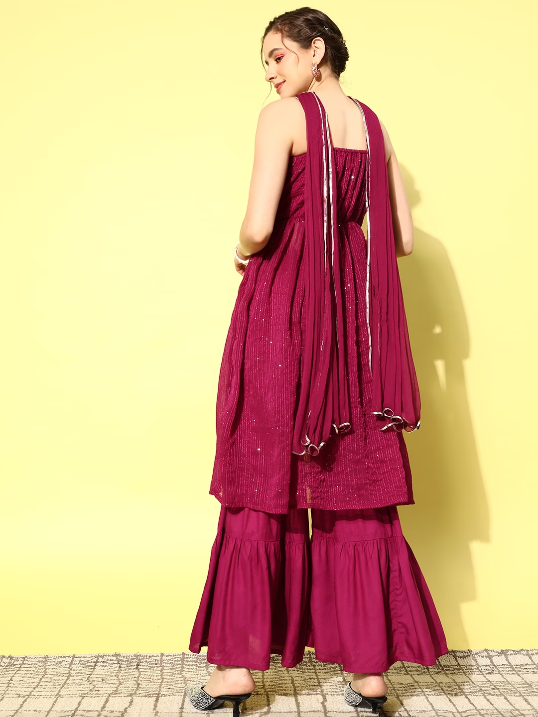 Maroon Ethnic Motifs Embroidered Regular Sequinned Kurta With Sharara & Dupatta