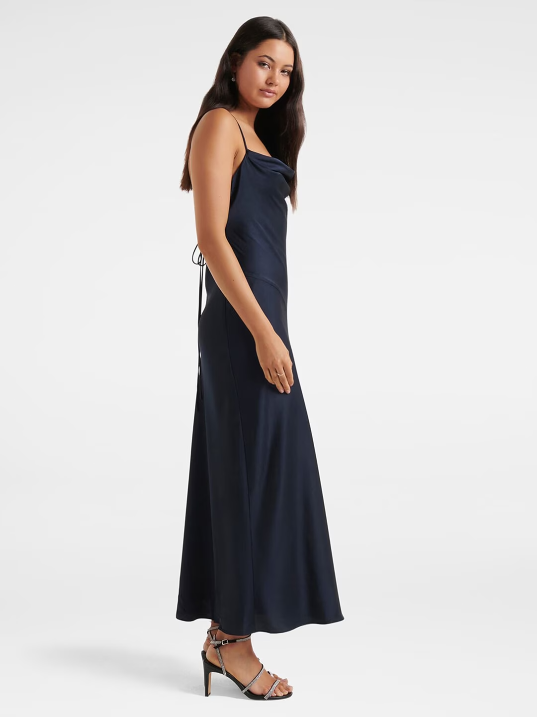 Women Navy Blue Solid Shoulder Straps Satin Maxi Dress