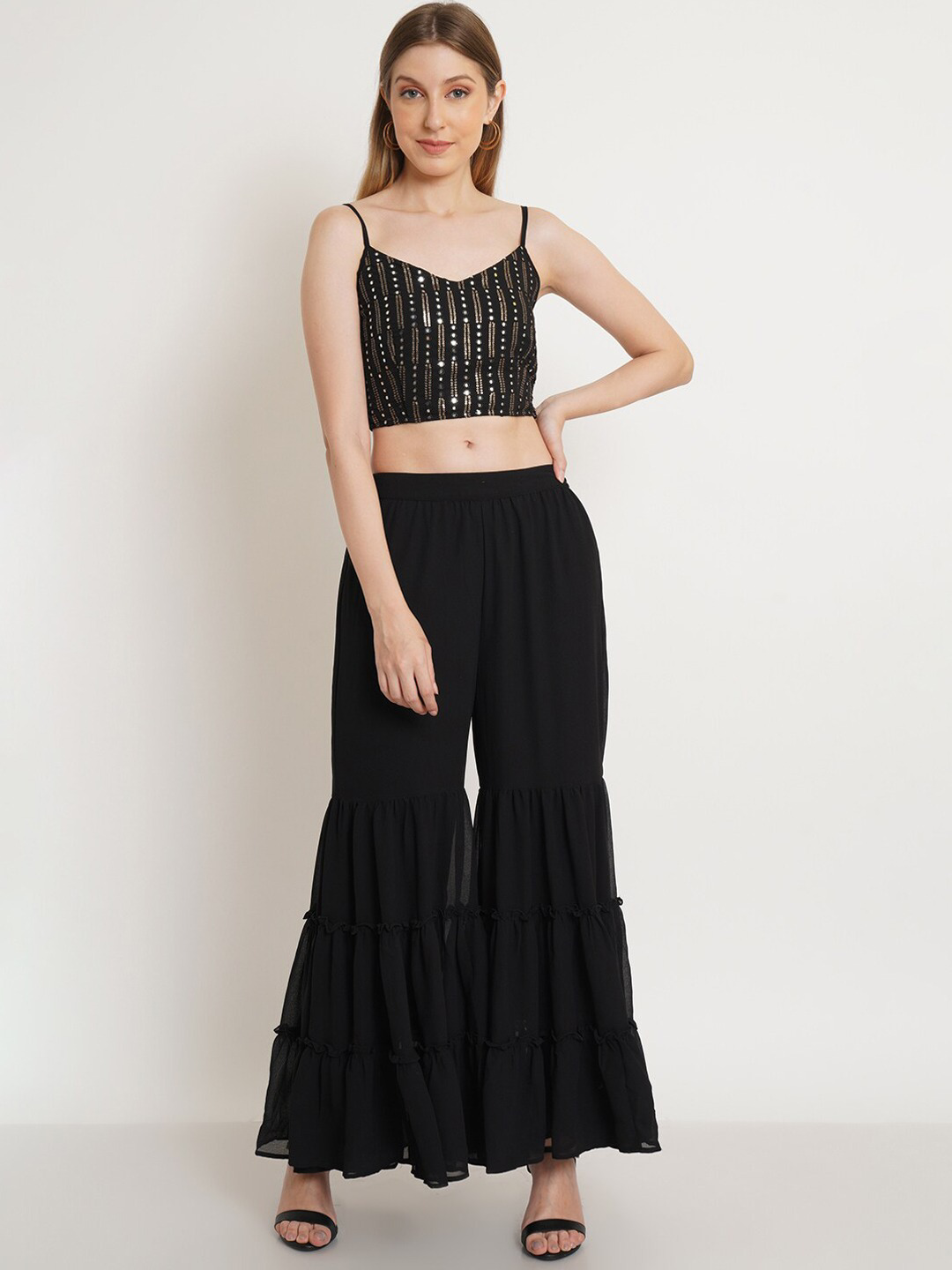 Women Black Embroidered & Mirror Work Top & Sharara With Shrug