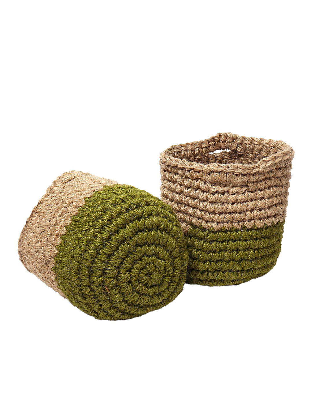 Beige & Green Set of 2 Color blocked Jute Crochet Baskets