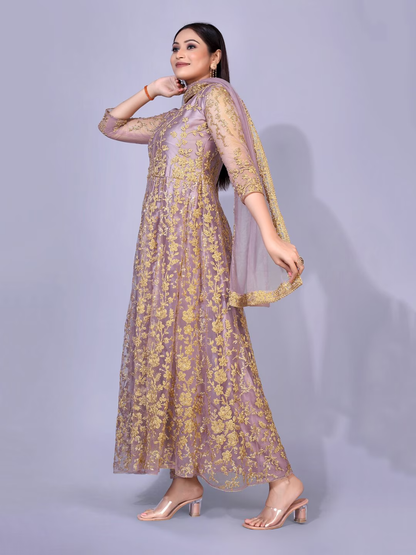 Women Lavender Ethnic Motifs Embroidered Empire Thread Work Salwar Suit